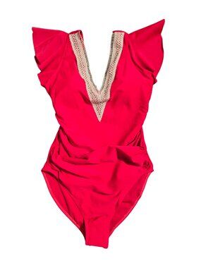 NWOT | Ruby Red Flutter Sleeve V-Neck One-Piece Swimsuit Crochet Detail | Large